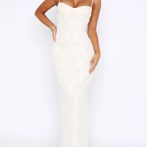 White Fox Boutique Ivory Strapless Lace Maxi Dress